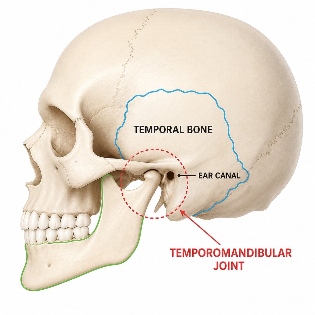 Anatomical diagram of the temporomandibular joint showing the jaw joint and temporal bone