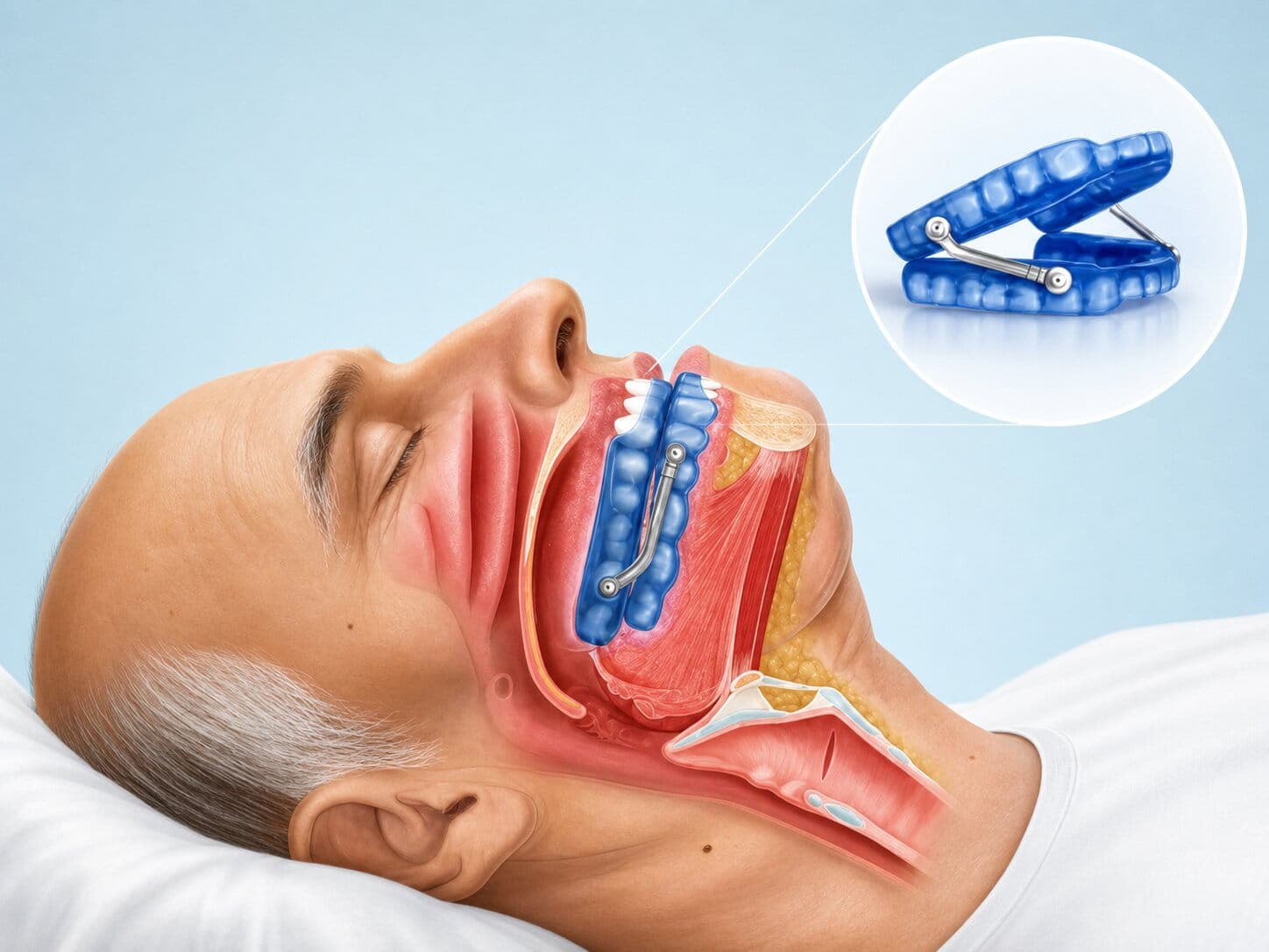 Diagram showing how an oral appliance helps keep the airway open during sleep